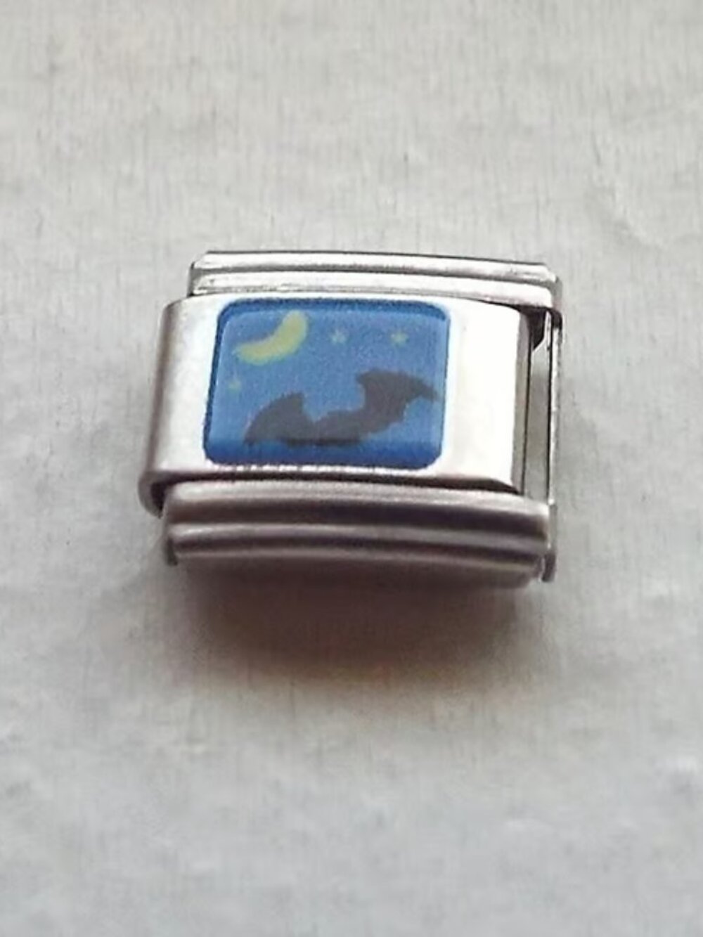 Black bat with moon and stars on blue enamel 9mm stainless steel italian charm